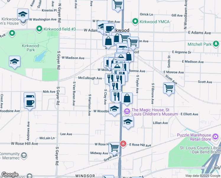 map of restaurants, bars, coffee shops, grocery stores, and more near 133 West Clinton Place in Kirkwood