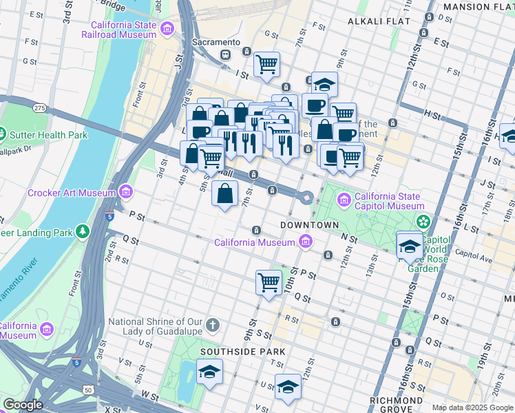 map of restaurants, bars, coffee shops, grocery stores, and more near 751 N Street in Sacramento
