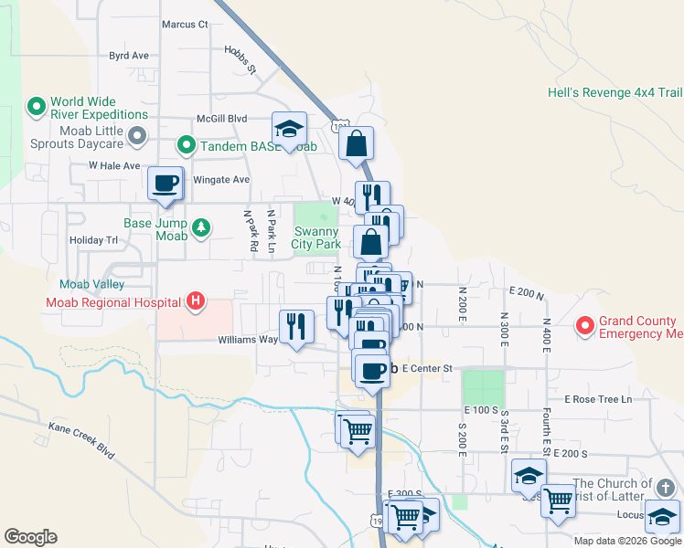 map of restaurants, bars, coffee shops, grocery stores, and more near 218 North 100 West in Moab