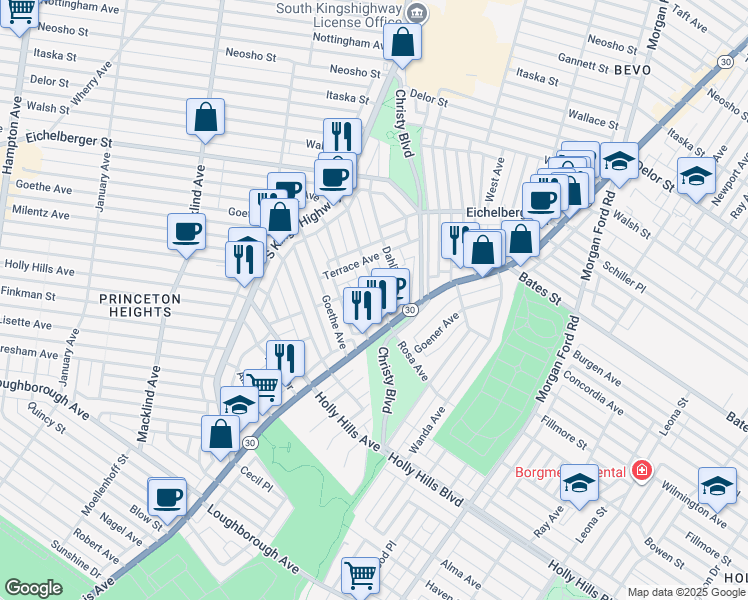 map of restaurants, bars, coffee shops, grocery stores, and more near 4637 Rosa Avenue in St. Louis
