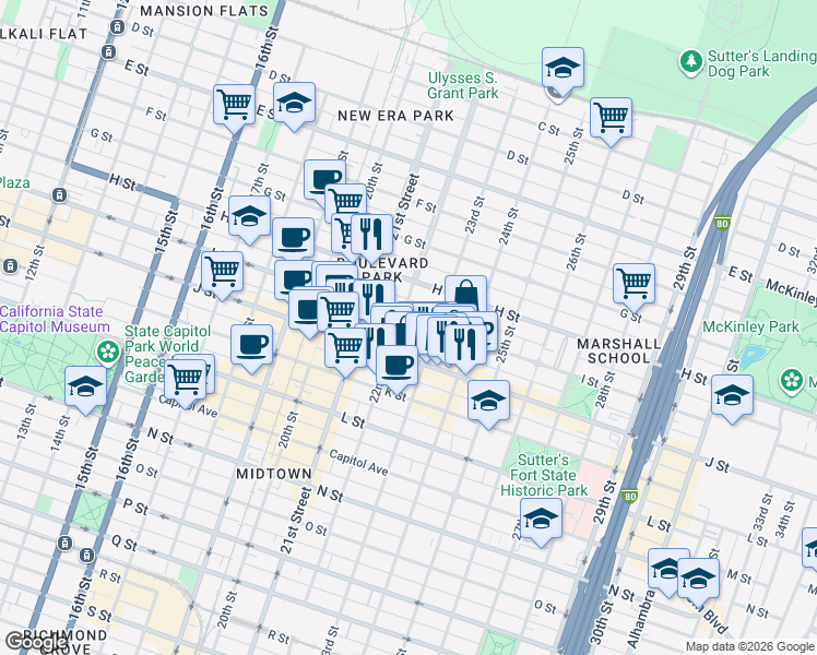 map of restaurants, bars, coffee shops, grocery stores, and more near 2217 I Street in Sacramento