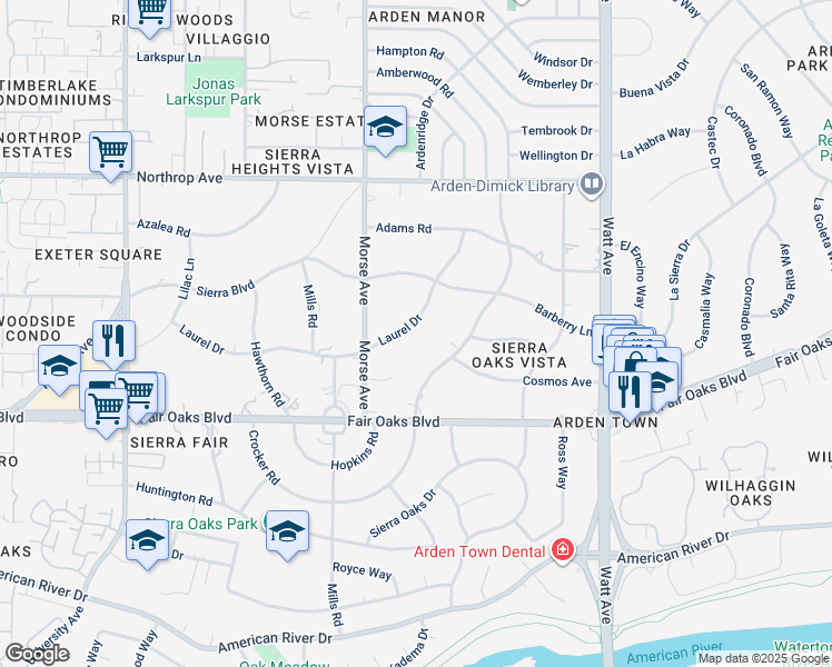map of restaurants, bars, coffee shops, grocery stores, and more near 640 Laurel Drive in Sacramento