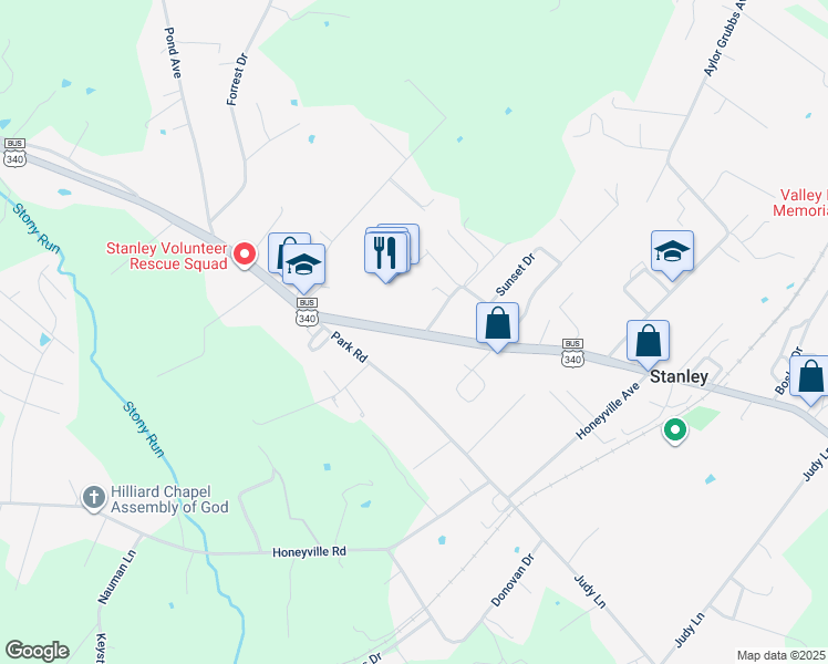 map of restaurants, bars, coffee shops, grocery stores, and more near 558 West Main Street in Stanley