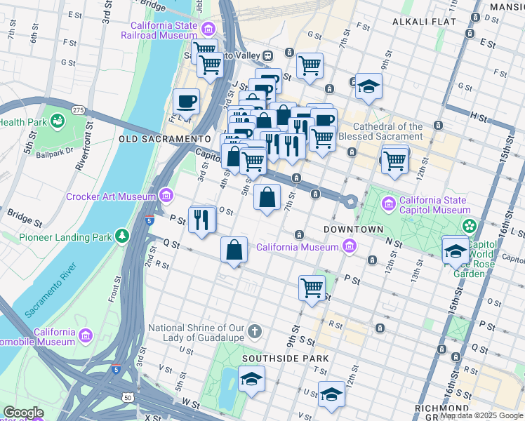 map of restaurants, bars, coffee shops, grocery stores, and more near 1500 7th Street in Sacramento