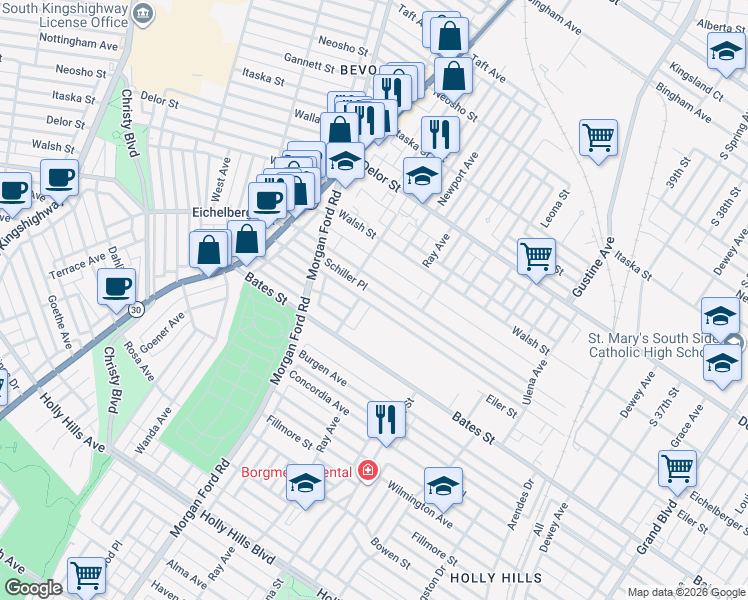 map of restaurants, bars, coffee shops, grocery stores, and more near 4137 Schiller Place in St. Louis
