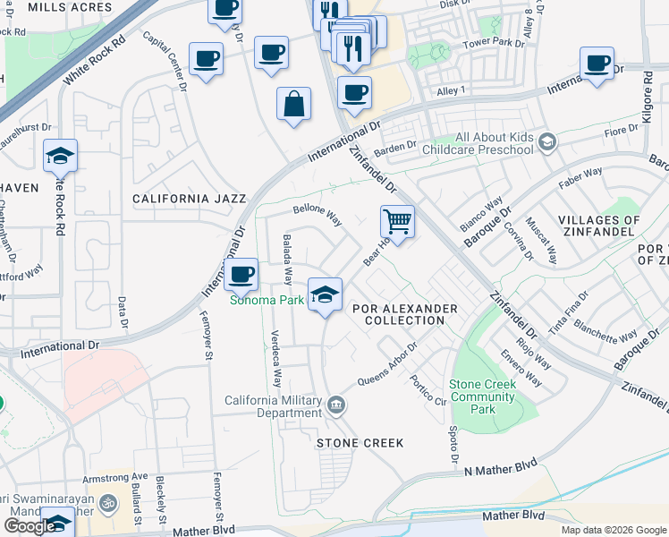 map of restaurants, bars, coffee shops, grocery stores, and more near 10940 Bellone Way in Rancho Cordova