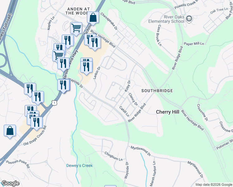 map of restaurants, bars, coffee shops, grocery stores, and more near 17320 Nugent Lane in Dumfries