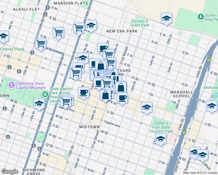 map of restaurants, bars, coffee shops, grocery stores, and more near 2015 J Street in Sacramento