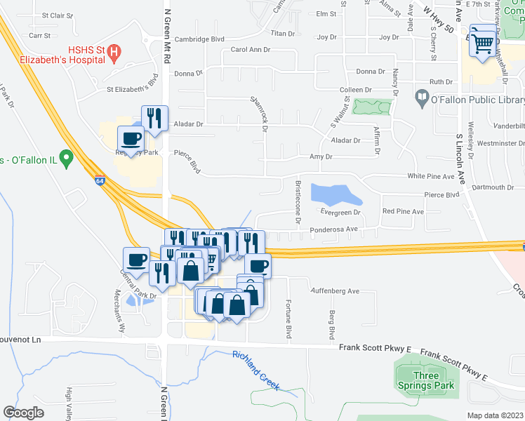 map of restaurants, bars, coffee shops, grocery stores, and more near 528 Jeffrey Pine Court in O'Fallon