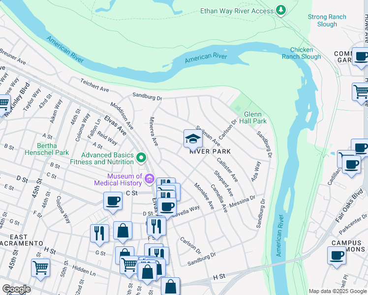 map of restaurants, bars, coffee shops, grocery stores, and more near 5260 Betty Way in Sacramento