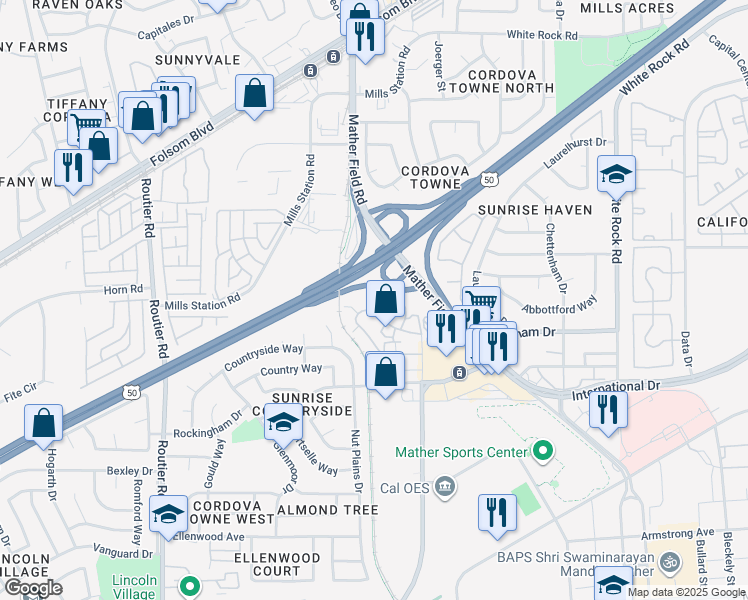 map of restaurants, bars, coffee shops, grocery stores, and more near 3255 Ramos Circle in Sacramento