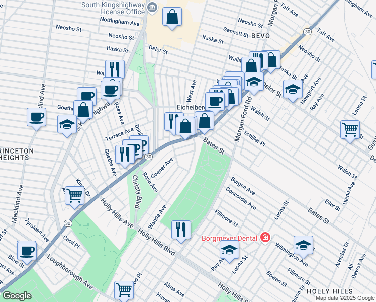 map of restaurants, bars, coffee shops, grocery stores, and more near 5717 Goener Avenue in St. Louis
