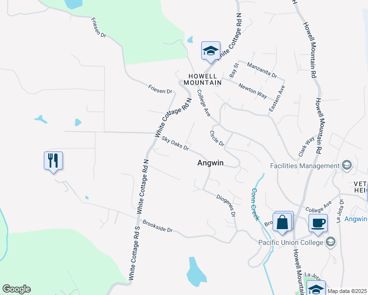 map of restaurants, bars, coffee shops, grocery stores, and more near Mariposa Dr & Sky Oaks Dr in Angwin