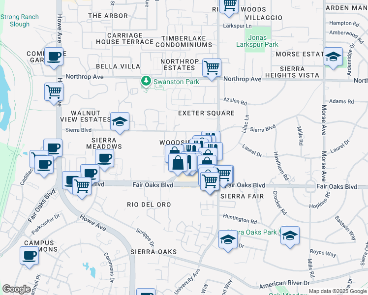 map of restaurants, bars, coffee shops, grocery stores, and more near 544 Woodside Oaks in Sacramento
