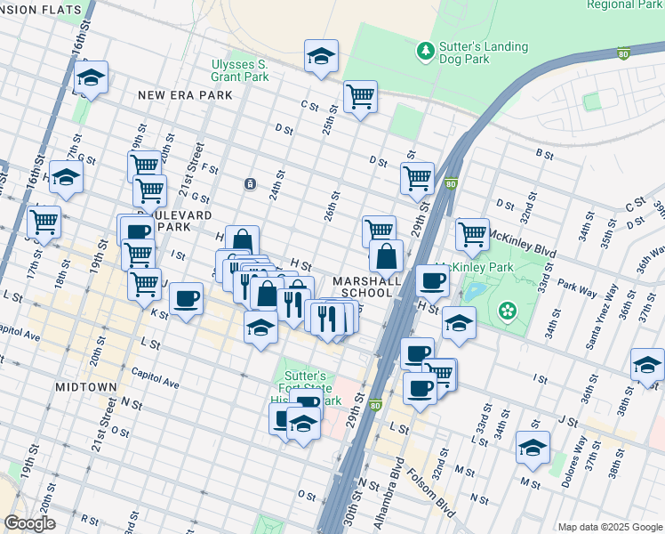 map of restaurants, bars, coffee shops, grocery stores, and more near 2623 H Street in Sacramento
