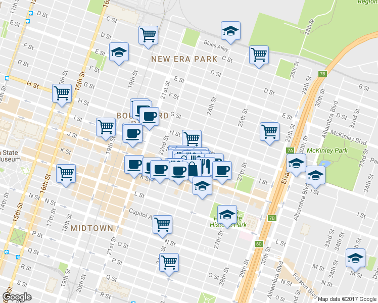 map of restaurants, bars, coffee shops, grocery stores, and more near 2323 I Street in Sacramento