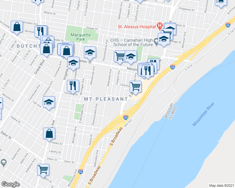 map of restaurants, bars, coffee shops, grocery stores, and more near 4331 California Avenue in St. Louis