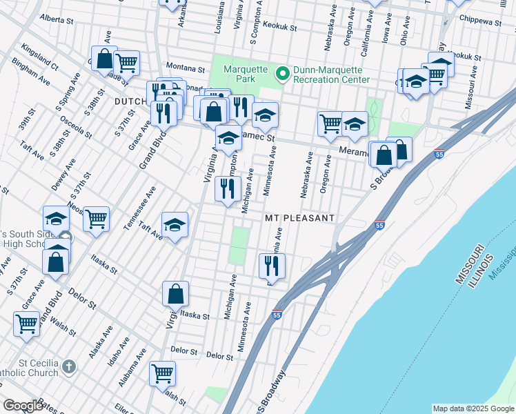 map of restaurants, bars, coffee shops, grocery stores, and more near 3119 Osceola Street in St. Louis