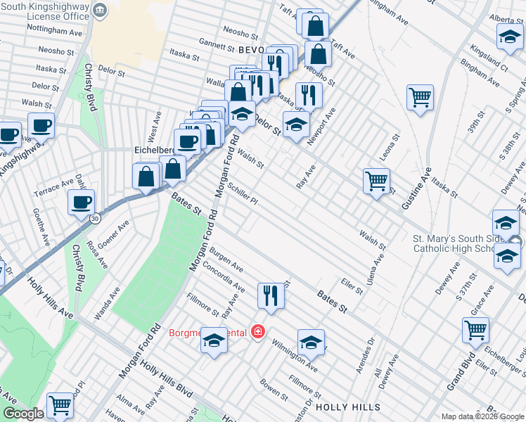 map of restaurants, bars, coffee shops, grocery stores, and more near 4137 Schiller Place in St. Louis