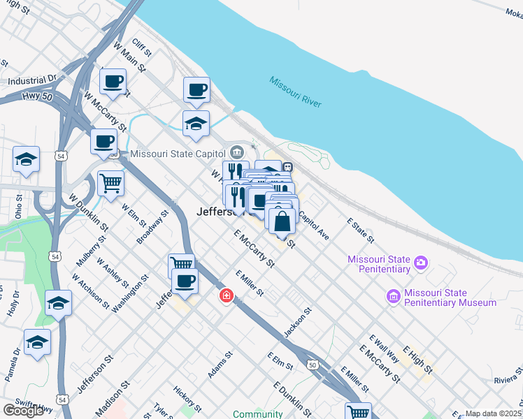 map of restaurants, bars, coffee shops, grocery stores, and more near 105 East High Street in Jefferson City