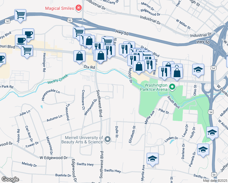map of restaurants, bars, coffee shops, grocery stores, and more near Glenwood Drive in Jefferson City