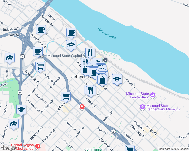 map of restaurants, bars, coffee shops, grocery stores, and more near 105 East High Street in Jefferson City