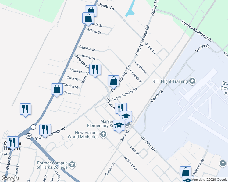 map of restaurants, bars, coffee shops, grocery stores, and more near 3700 Falling Springs Road in Cahokia