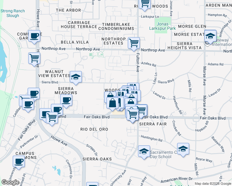 map of restaurants, bars, coffee shops, grocery stores, and more near 544 Woodside Oaks in Sacramento