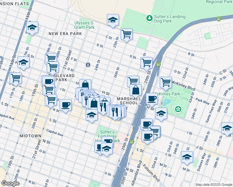 map of restaurants, bars, coffee shops, grocery stores, and more near 2623 H Street in Sacramento