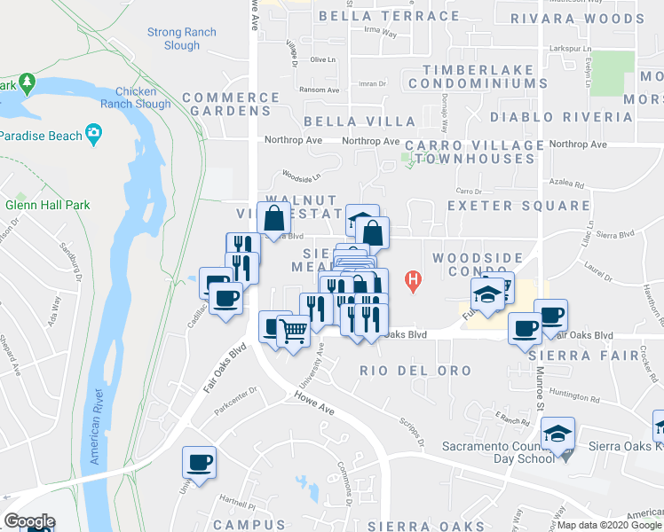 map of restaurants, bars, coffee shops, grocery stores, and more near 2278 Sierra Boulevard in Sacramento