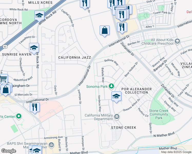 map of restaurants, bars, coffee shops, grocery stores, and more near 10721 Bellone Way in Rancho Cordova