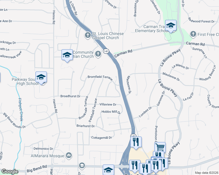 map of restaurants, bars, coffee shops, grocery stores, and more near 804 Delhurst Drive in Manchester