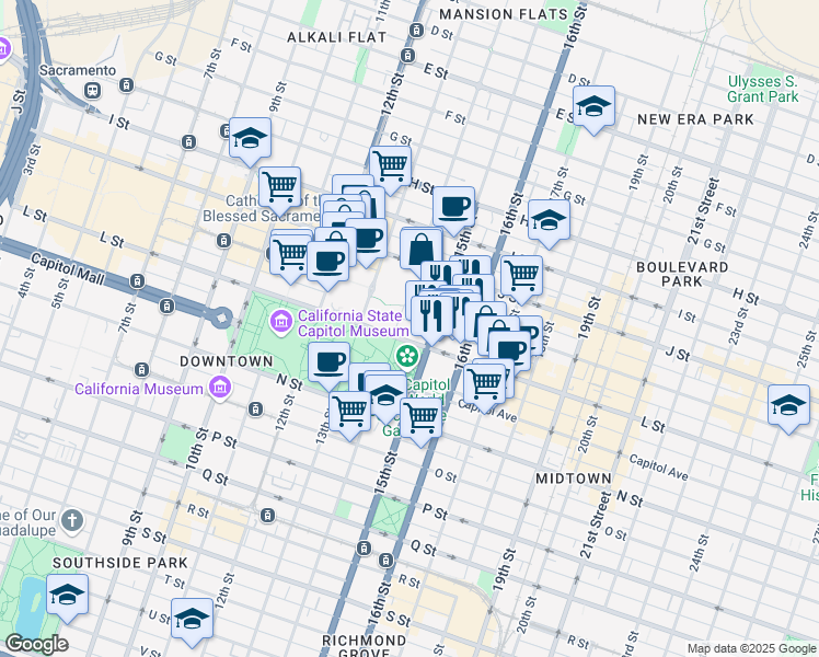 map of restaurants, bars, coffee shops, grocery stores, and more near 1418 K Street in Sacramento