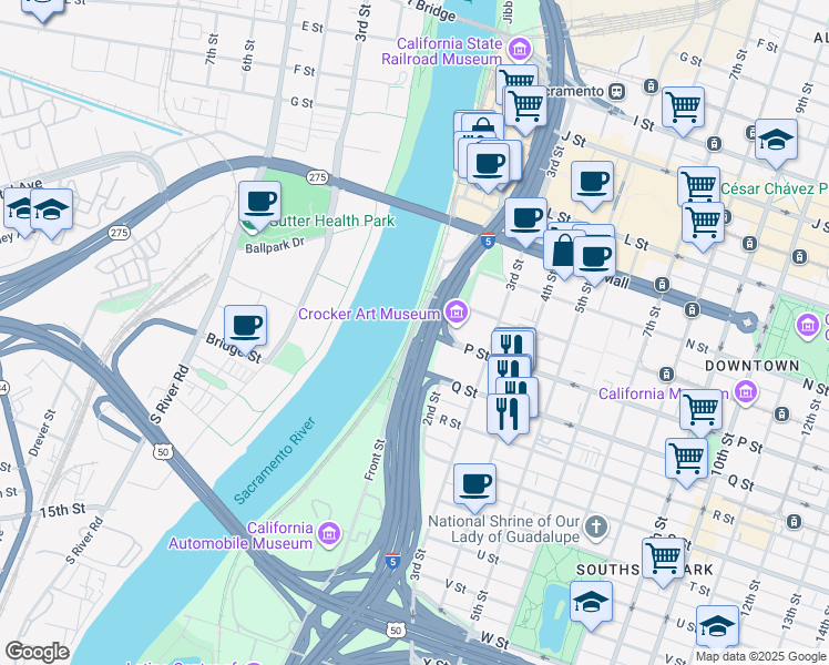 map of restaurants, bars, coffee shops, grocery stores, and more near 1541 Front Street in Sacramento