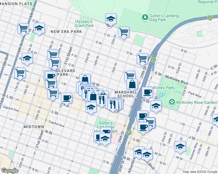 map of restaurants, bars, coffee shops, grocery stores, and more near 2623 H Street in Sacramento
