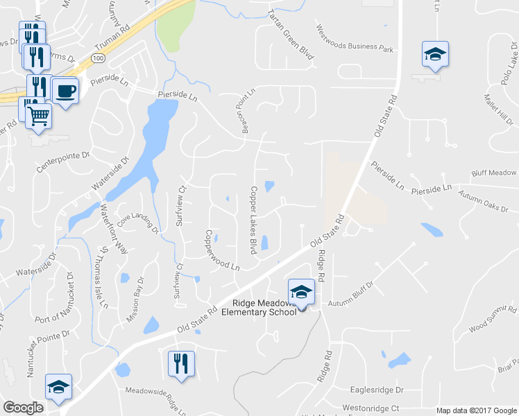 map of restaurants, bars, coffee shops, grocery stores, and more near 380 Copper Lakes Boulevard in Wildwood