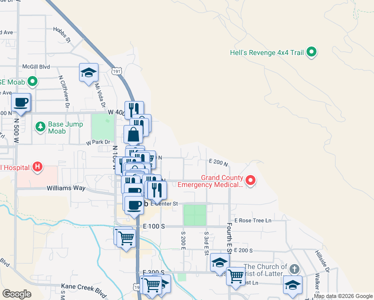 map of restaurants, bars, coffee shops, grocery stores, and more near 195 East 200 North in Moab