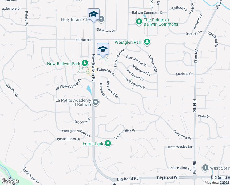 map of restaurants, bars, coffee shops, grocery stores, and more near 660 Towerwood Drive in Ballwin