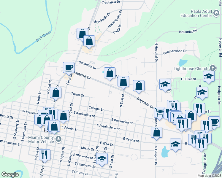 map of restaurants, bars, coffee shops, grocery stores, and more near 507 Baptiste Drive in Paola