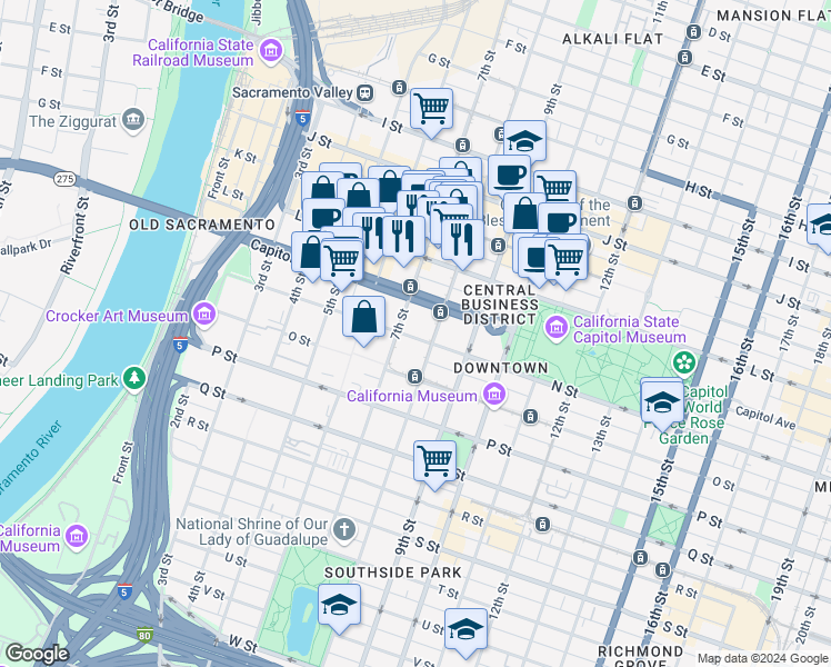 map of restaurants, bars, coffee shops, grocery stores, and more near 751 N Street in Sacramento