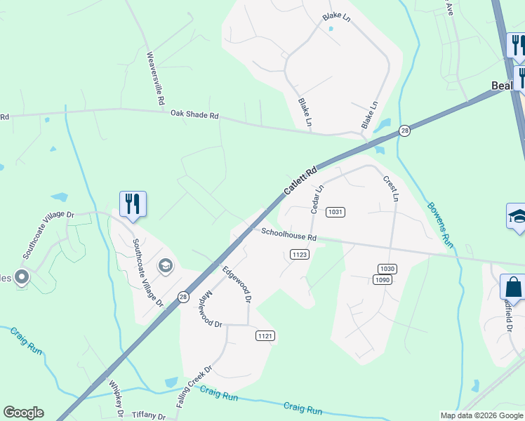 map of restaurants, bars, coffee shops, grocery stores, and more near 6594 Catlett Road in Bealeton