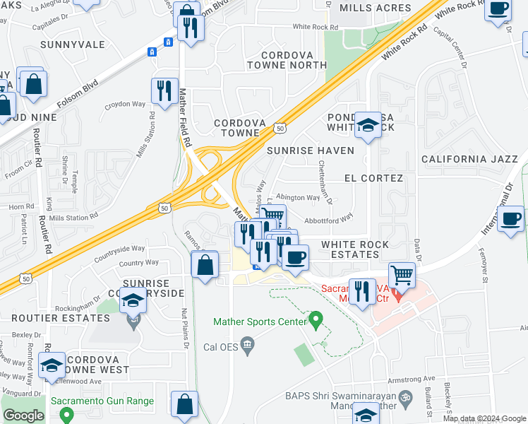 map of restaurants, bars, coffee shops, grocery stores, and more near 3250 Laurelhurst Drive in Rancho Cordova