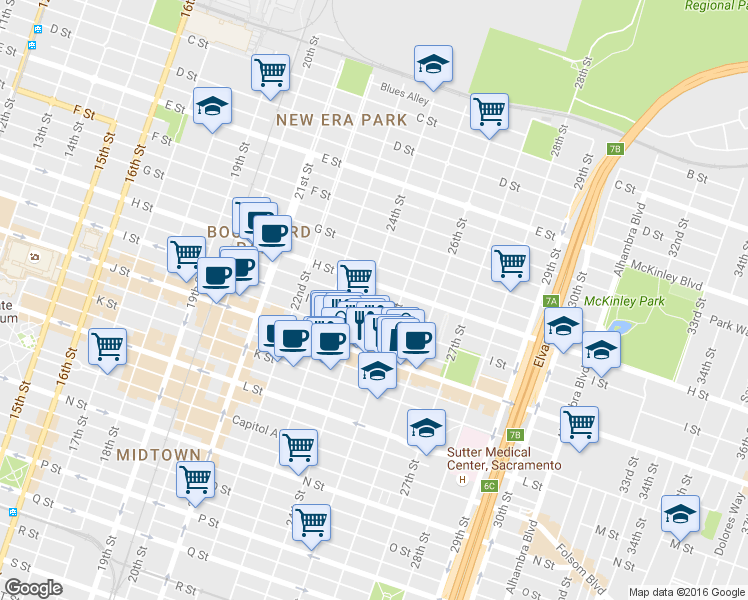 map of restaurants, bars, coffee shops, grocery stores, and more near 2414 H Street in Sacramento