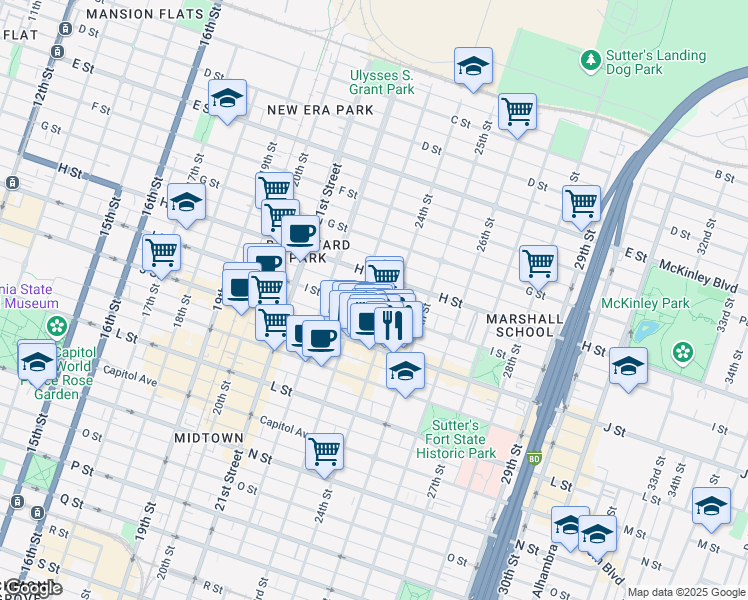map of restaurants, bars, coffee shops, grocery stores, and more near 2323 I Street in Sacramento