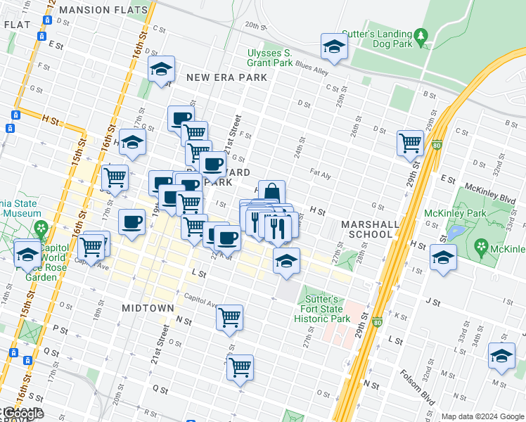 map of restaurants, bars, coffee shops, grocery stores, and more near 2323 I Street in Sacramento