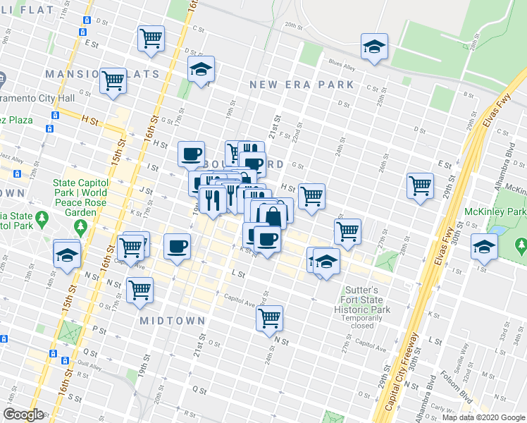 map of restaurants, bars, coffee shops, grocery stores, and more near 2114 I Street in Sacramento
