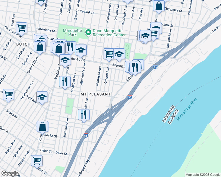 map of restaurants, bars, coffee shops, grocery stores, and more near 4331 California Avenue in St. Louis