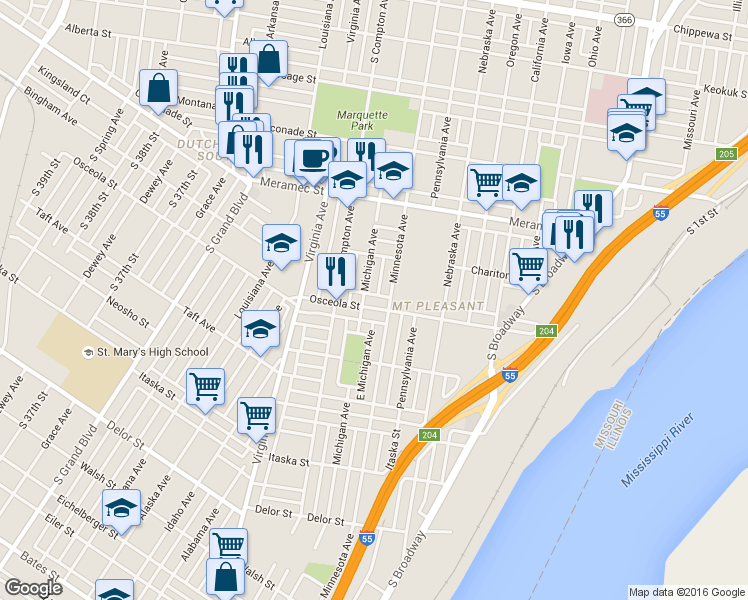 map of restaurants, bars, coffee shops, grocery stores, and more near 3119 Osceola Street in St. Louis