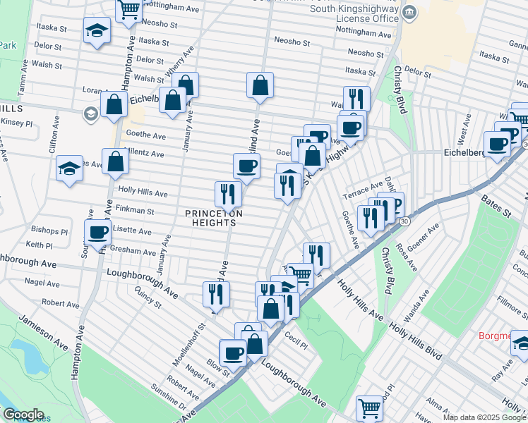 map of restaurants, bars, coffee shops, grocery stores, and more near 4950 Holly Hills Avenue in St. Louis