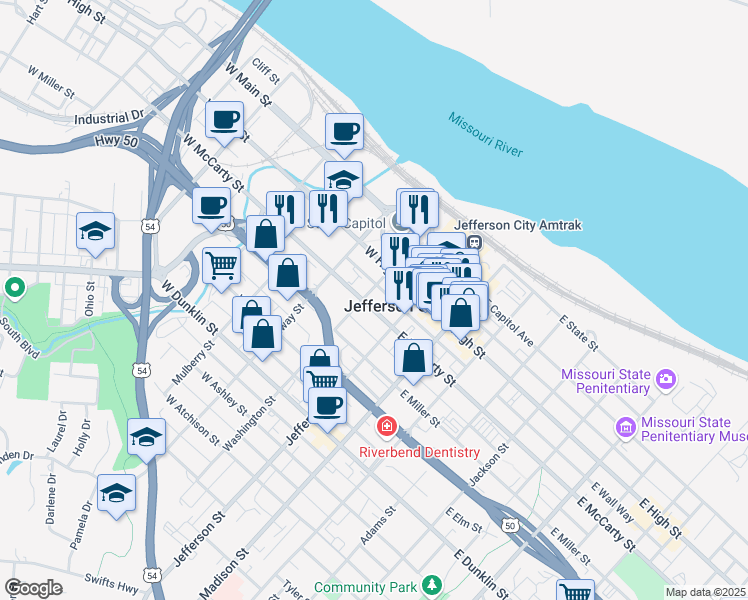 map of restaurants, bars, coffee shops, grocery stores, and more near in Jefferson City